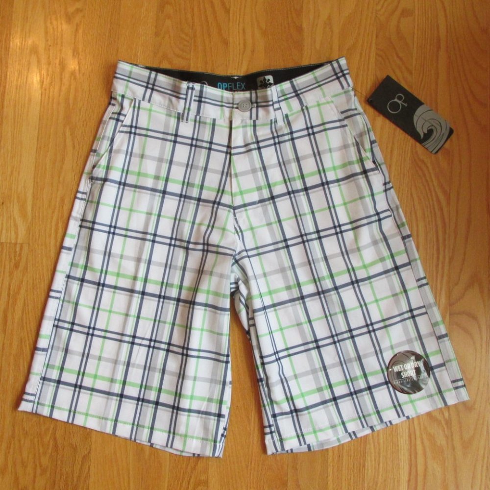 OP OCEAN PACIFIC MEN'S SIZE 28 - 30 SHORTS WHITE & NAVY PLAID STRETCH SWIM NWT